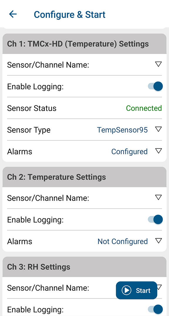 Screenshot of Configure & Start screen in HOBOconnect app.