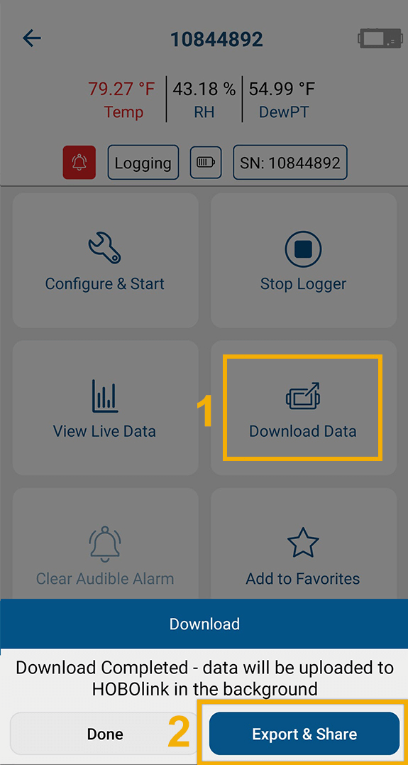 Screenshot of Download and Export screens in HOBOconnect app.
