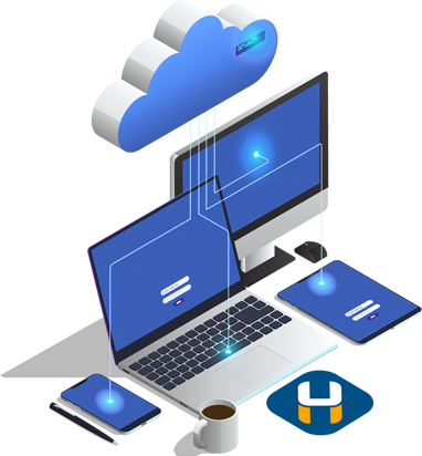 Graphic of desktop, devices, Internet cloud and HOBOconnect app icon.