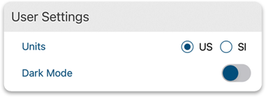 Screenshot of app interface to change units of measurement.