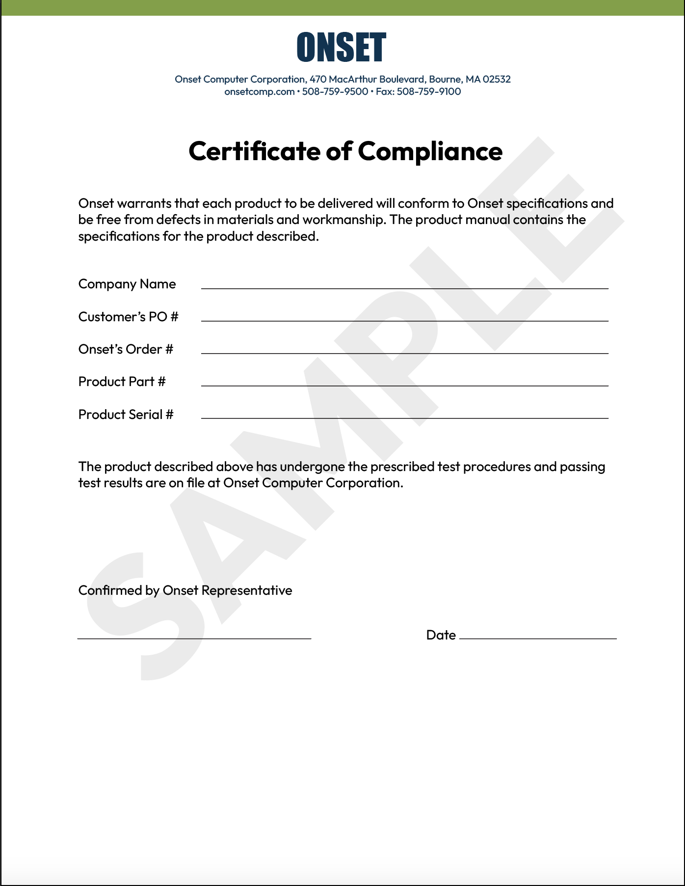 Compliance Certification COMPLIANCE CERT | Onset&rsquo;s HOBO Data Loggers