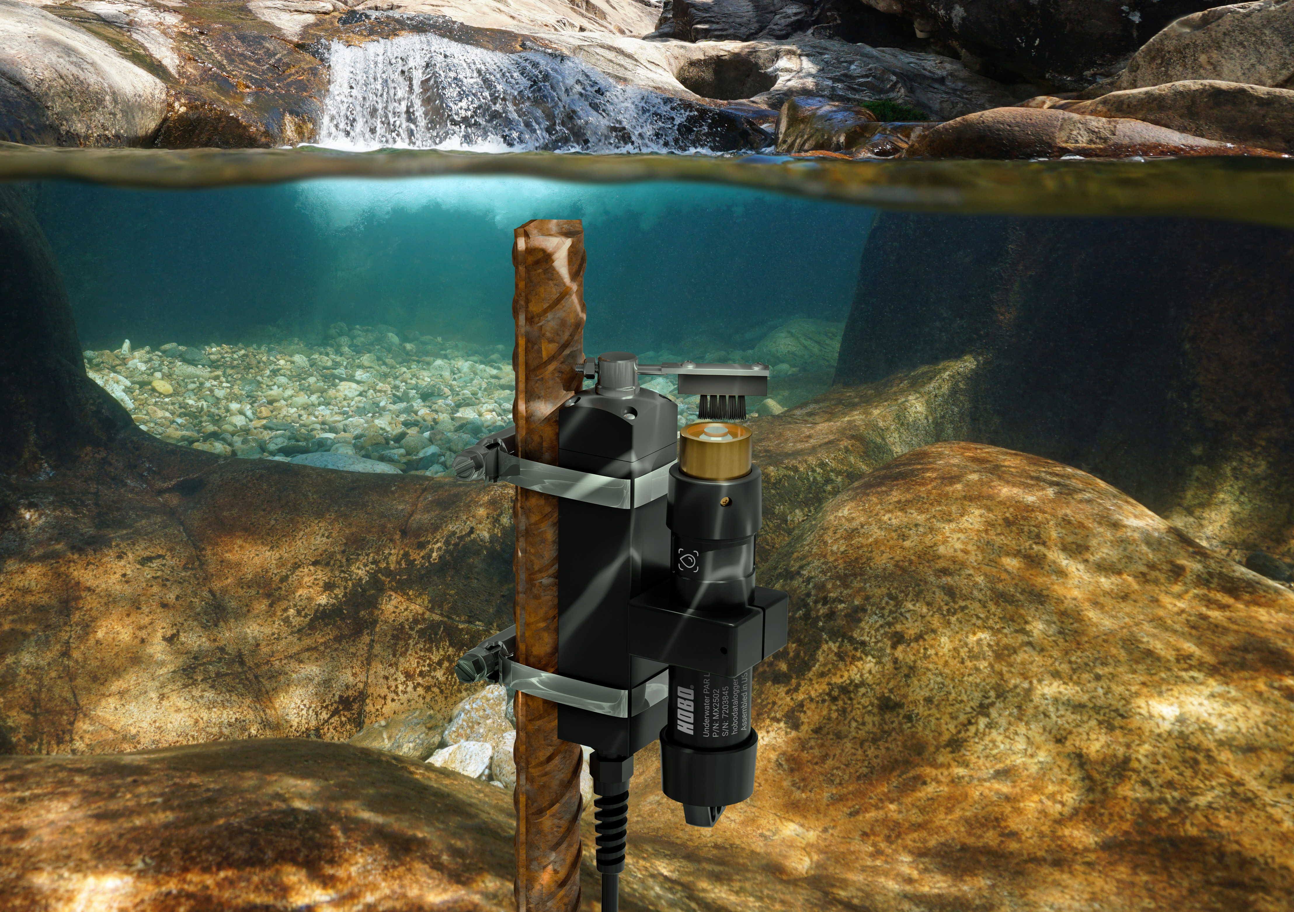 HOBO MX2502 in a stream, mounted on rebar