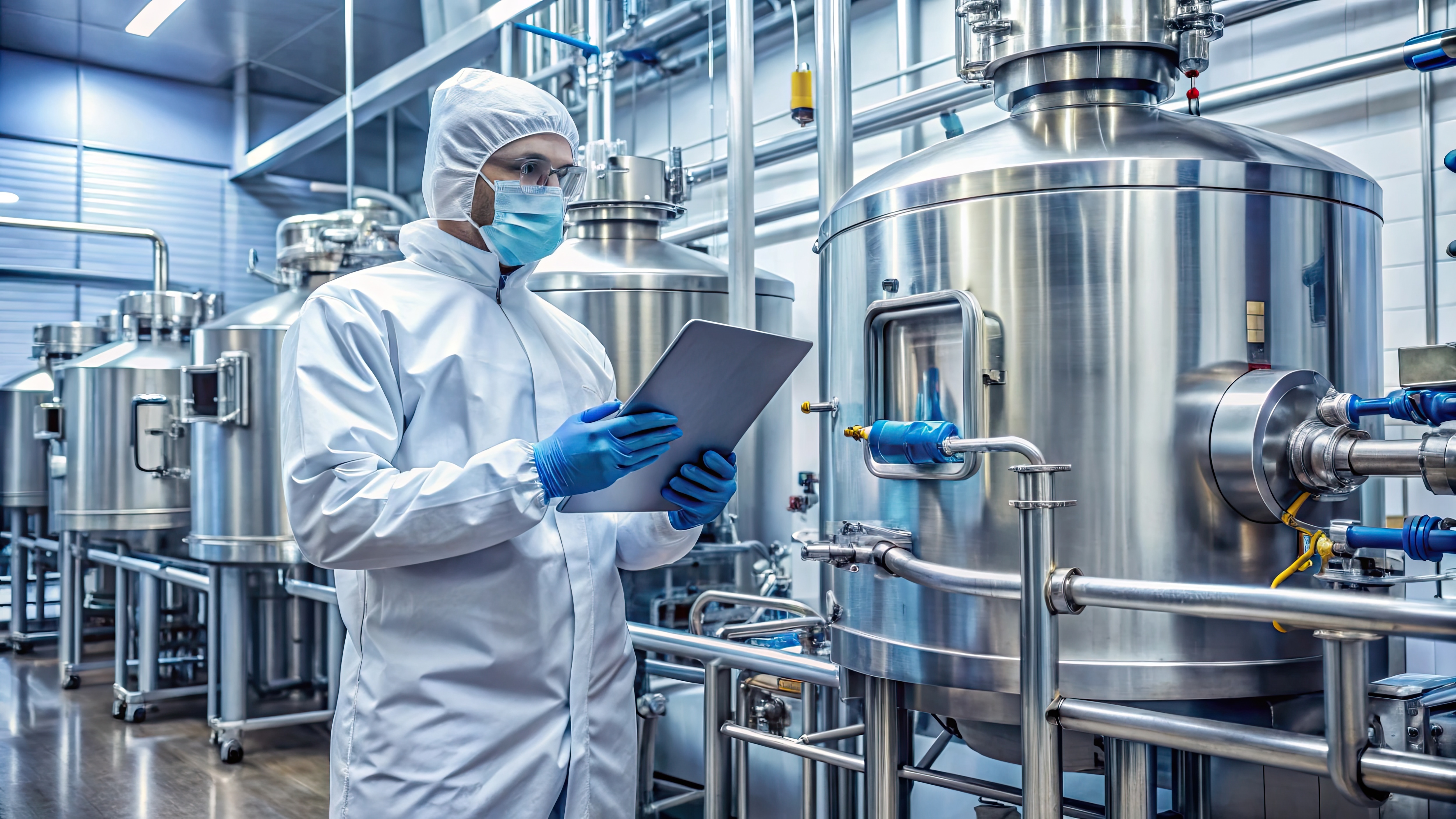 man in protective clothing monitoring in cleanroom