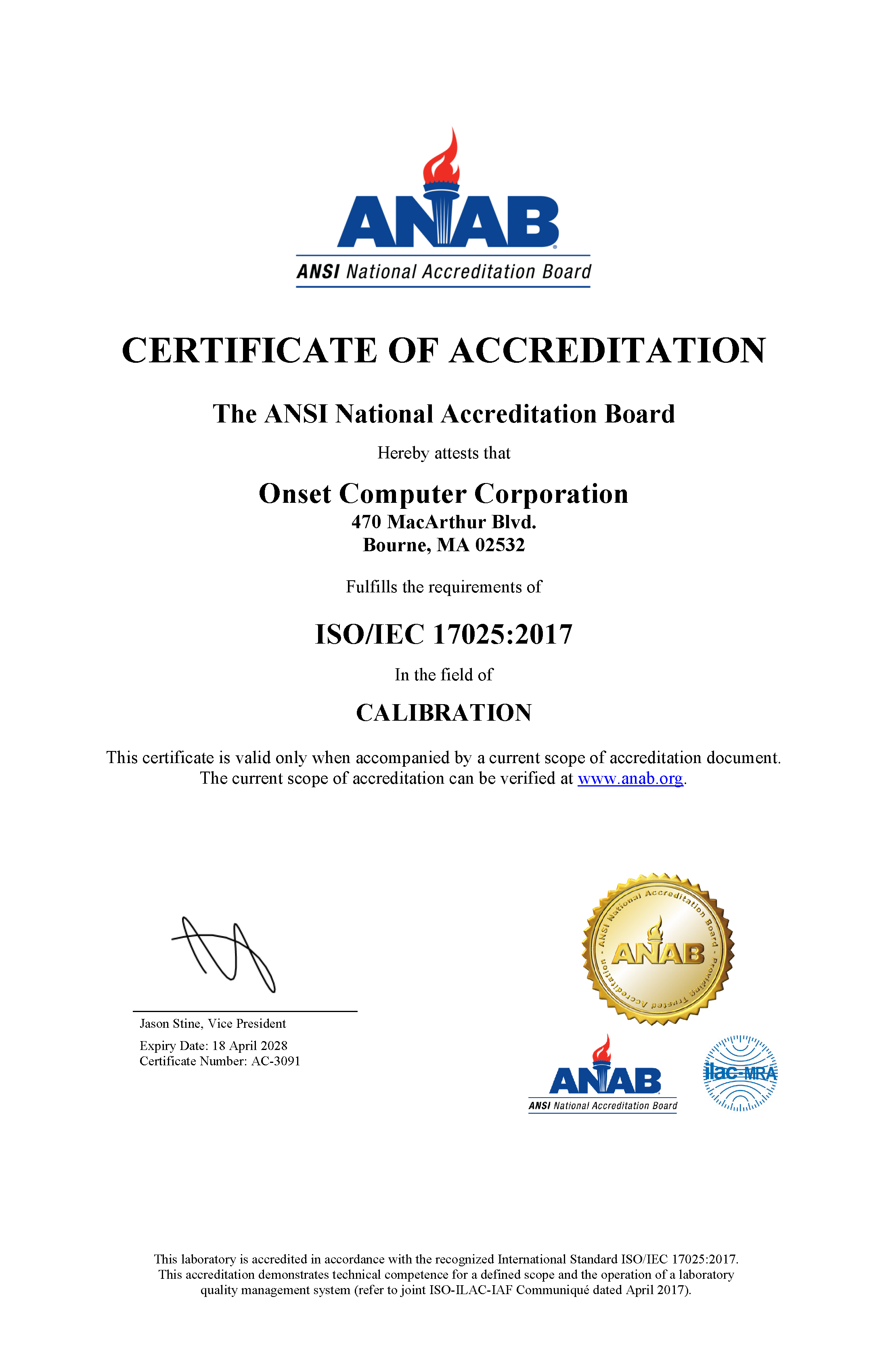 ANAB ISO/IEC 17025:2017 CERTIFICATE OF ACCREDITATION FOR 2028