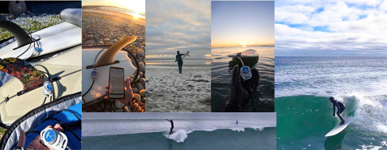 collage of surfboards, water temp data loggers and ocean surfing