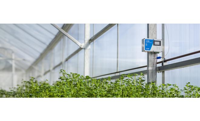 CO2 gas analyzer mounted inside commercial greenhouse