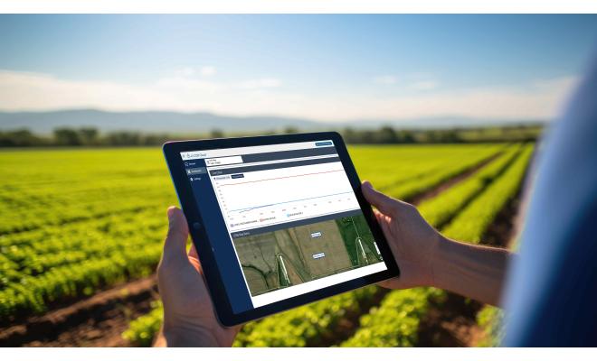 Farmer looking at data monitoring crops