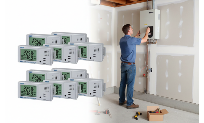 Man installing heat pump with MX1101 loggers for monitoring