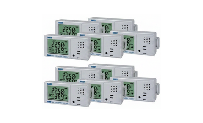 ten MX1101 temp humidity loggers for indoor monitoring