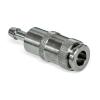 A small silver metal connector with an audio jack sized hole on one side and a barbed nipple on the other side.