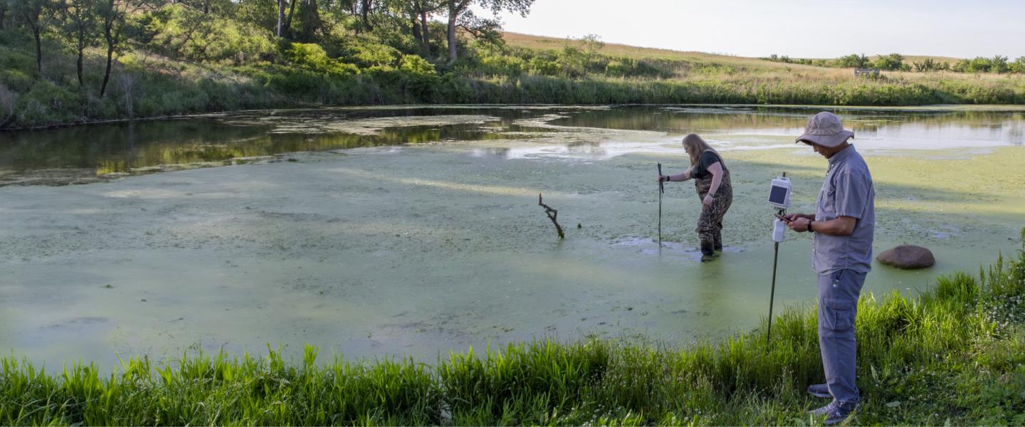 HOBO support members in river deploying monitoring equipment