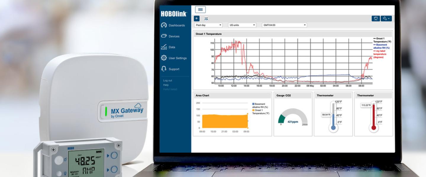 A HOBO MX1104 data logger with an MX Gateway device and laptop displaying a data view on the HOBOlink website.