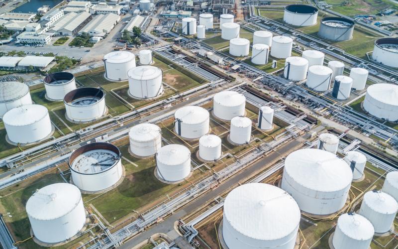 Birds eye view of petroleum fuel tanks