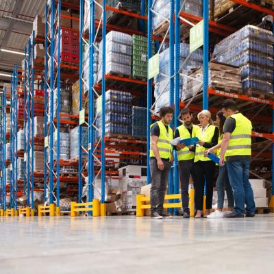 A view of several people in safety vests discussing something inside a warehouse with large shelving units, stacked several stories high.