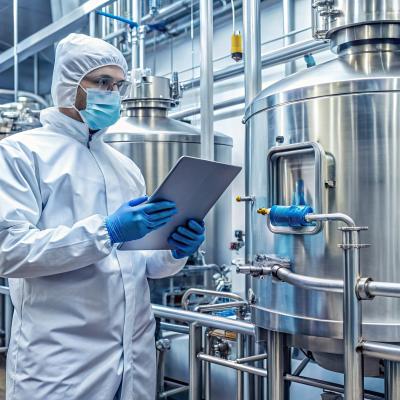 man in protective clothing monitoring in cleanroom