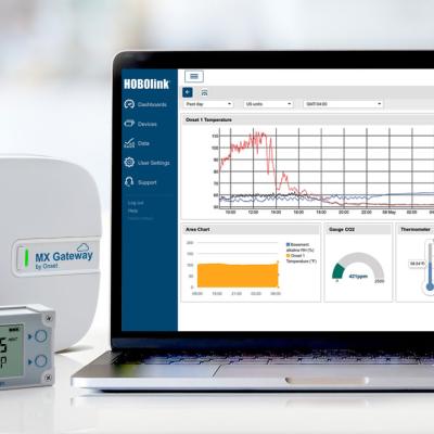 A HOBO MX1104 data logger with an MX Gateway device and laptop displaying a data view on the HOBOlink website.