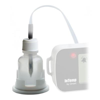 Glycol bottle with a probe stuck in with a faded logger next to it to illustrate its usage